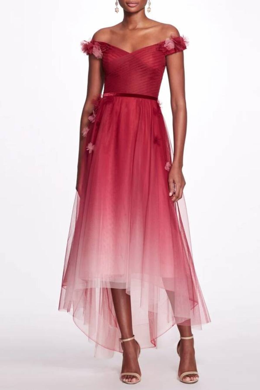 Marchesa Notte Off The Tulle Shoulder Ombre Gown in Rose 6